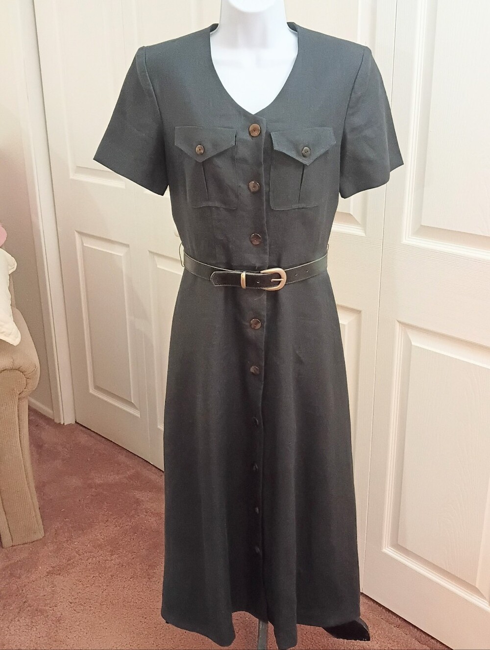 VTG Oberon New York Black 100% Linen Maxi Dress Sz 6 Front Button Pockets USA